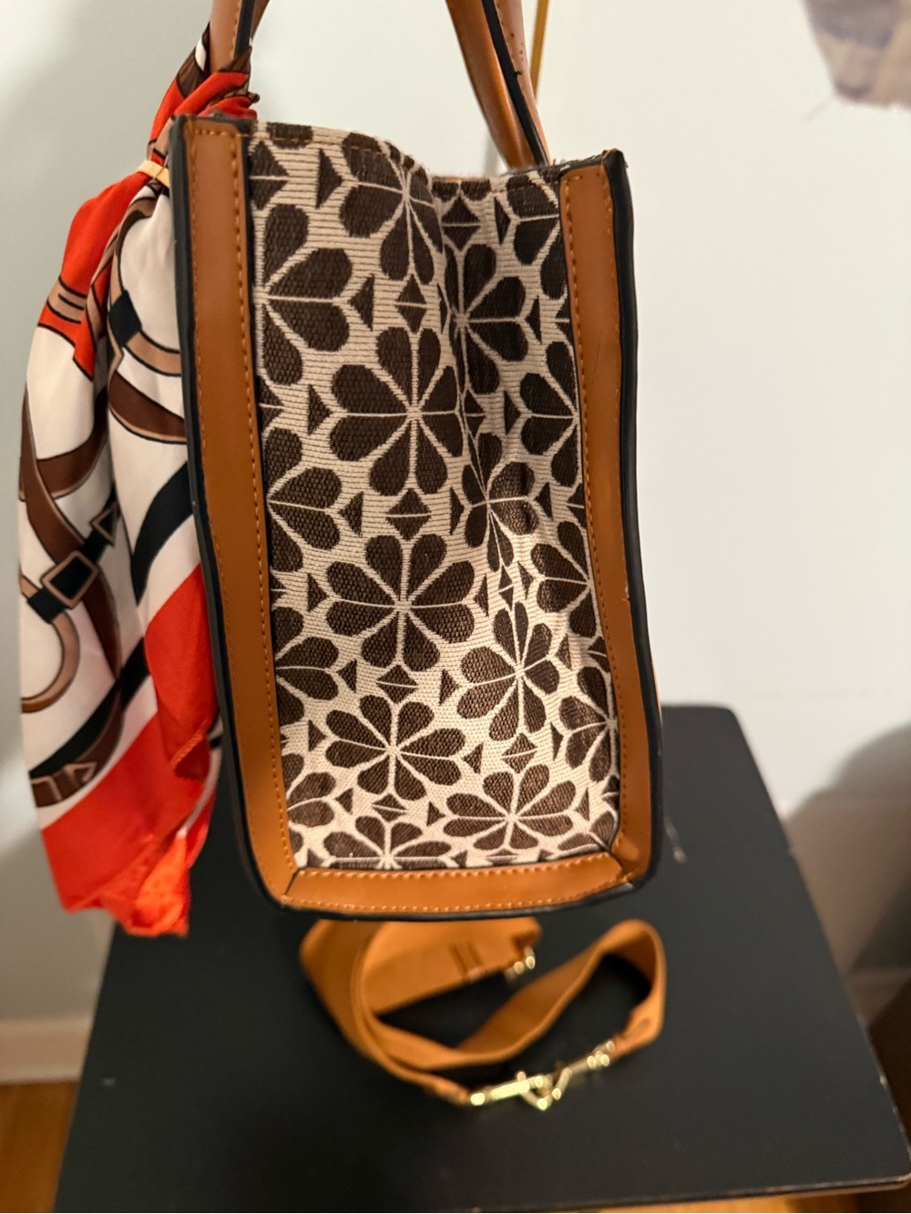 kate spade Brown Floral Canvas Tote with Pink & Olive Center Stripe and Tan Trim - Picture 11 of 14